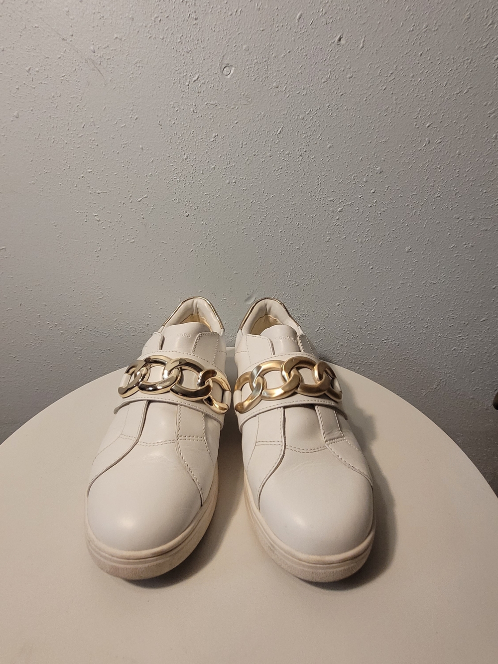 Michael Kors White Leather Slip-On Velcro Close Sneakers with Gold Chain Accent